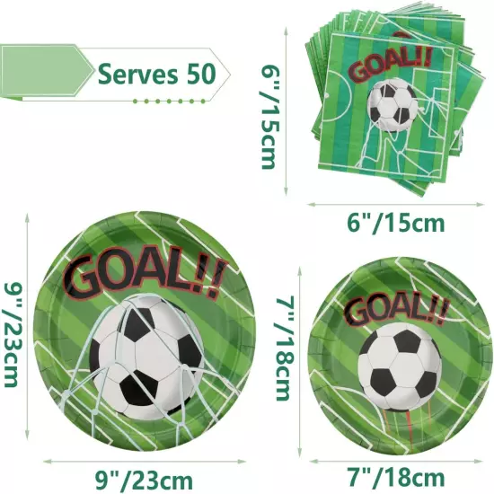 Soccer Party Supplies Serves 50, Paper Dinner Plates, Dessert Plates and Napkins