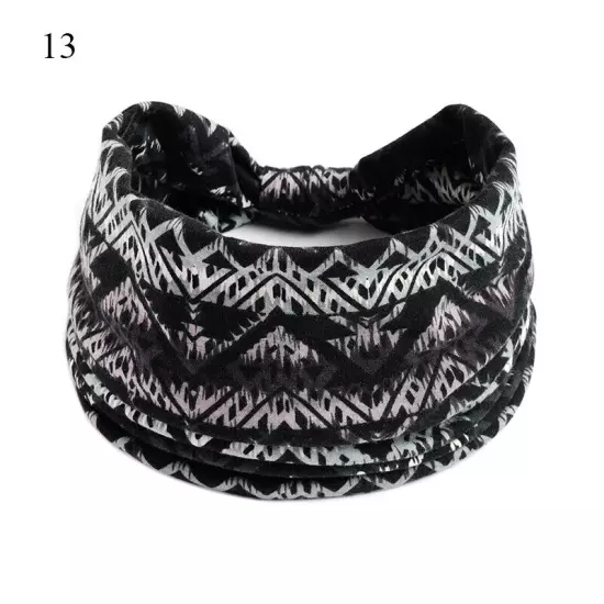 Women Boho Flower Print Wide Headband Vintage Knot Elastic Turban Headwrap *