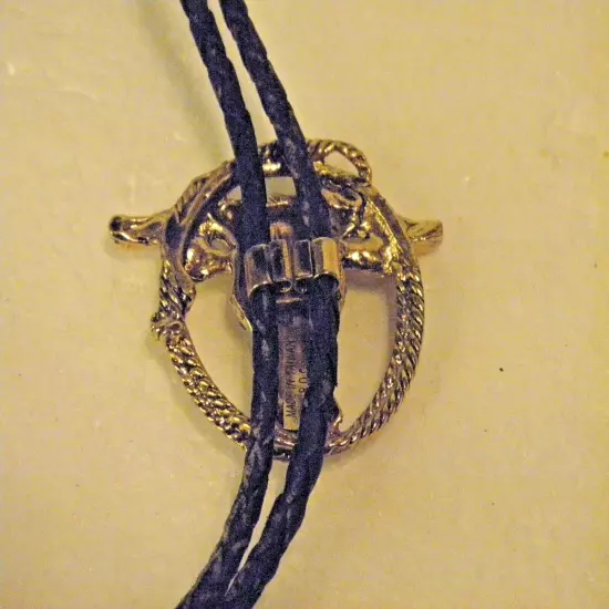 Western Bolo Tie HORNED BULL HEAD in Rope Gold & Silver Toned Braided Black Cord