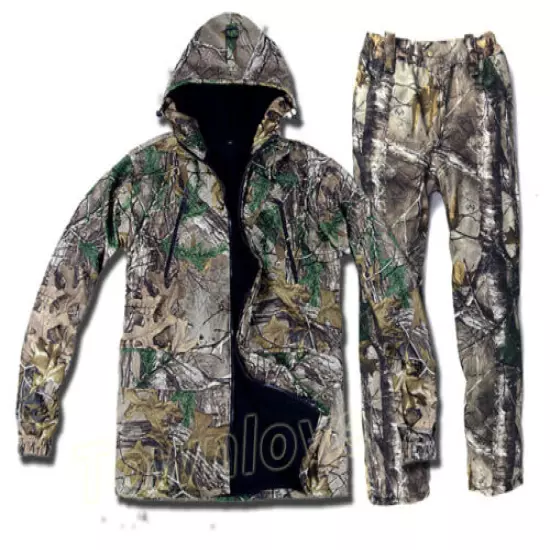 Mens Winter Bionic Camo Thicken Fleece Hunting Clothes Tactical Waterproof Suits