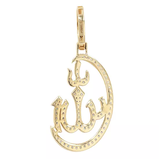 Allah 7/10 CT Real Diamond Arabic Pendant 1.4" 10K Yellow Gold