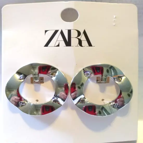 ZARA Silver Hoop Circle 2" Omega Back Earrings New on Card