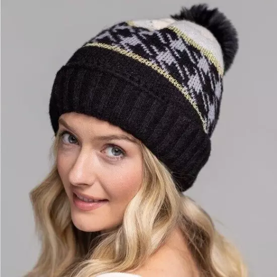 Houndstooth Beanie Hat with Pom Pom Black Gold Ski Outdoors Winter Accessories