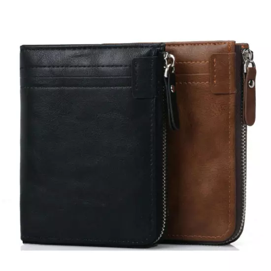 Men's RFID Blocking ID Window Zipper Pocket Leather Bifold WalletNew