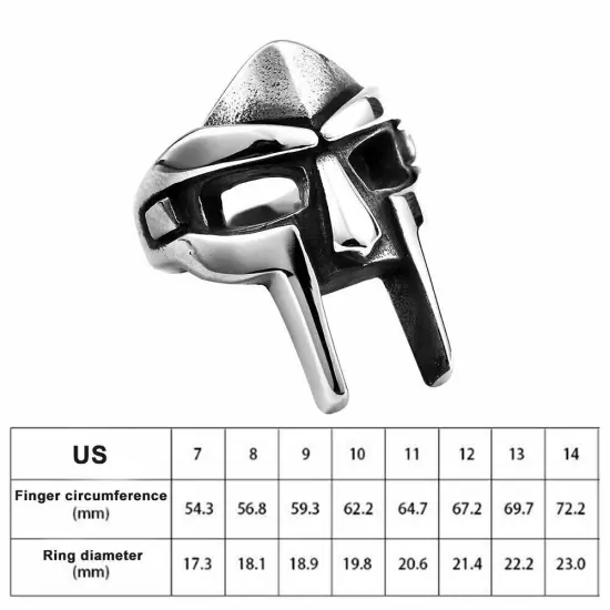 Size 7-14 MF DOOM Mask Gladiator Style Stainless Steel Ring Silver Stainless+