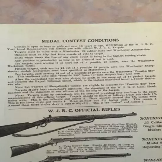 Antique Winchester Junior Rifle Corps Paper Target Advertisement Contest 1910's