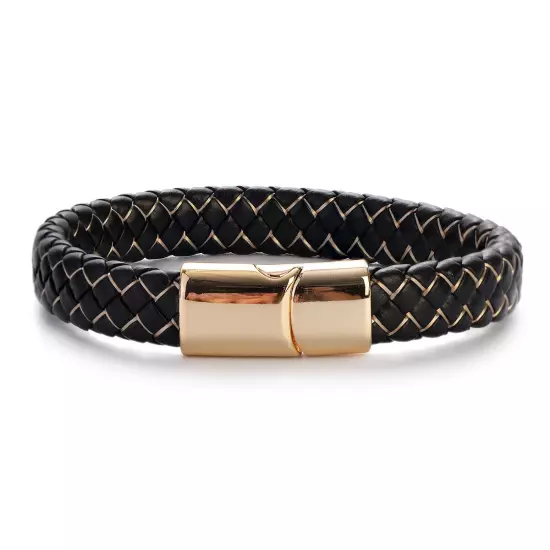 Genuine Leather Braided Bracelet Magnetic Buckle Band Men Stainless Steel Bangle