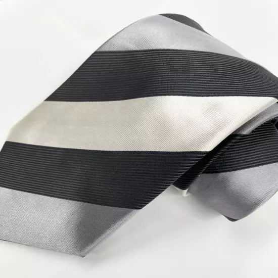 Geoffrey Beene Silver Black White Striped Regimental Repp Silk Tie 3.8" x 59"