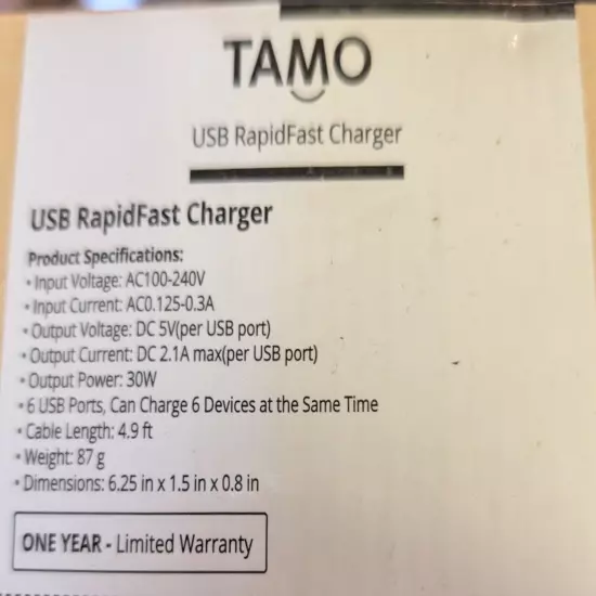 TAMO USB Rapid Charger -- 6 Ports -- Brand New in Box