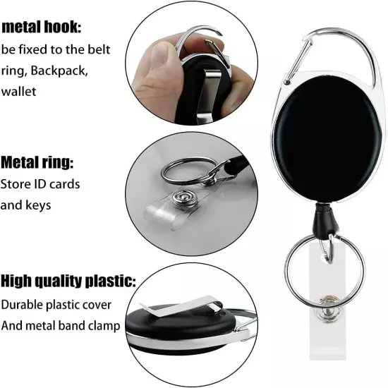 Plain Black Retractable Carabiners– Belt Clip Key Badge Ring Reel Functional NEW