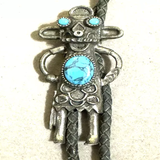 Vintage Southwestern SANCREST pewter bolo tie with faux turquoise leather