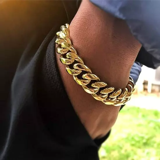 Men's Solid Miami Cuban Link Bracelet Chain 14K 18K Gold Plated Stainless Steel