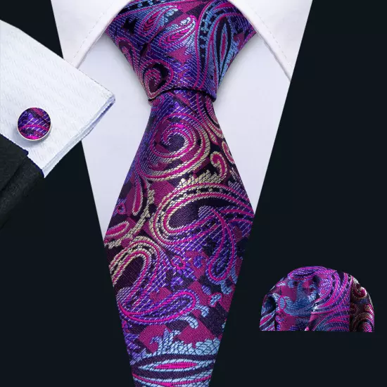 USA Mens Tie Striped Paisley Solid Paisley Necktie Hanky Cufflink Set Wedding