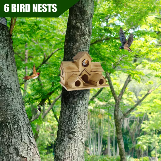 Bird House with 6 Holes Handmade Wooden Birdhouse Hanging Bird Nesting Box._