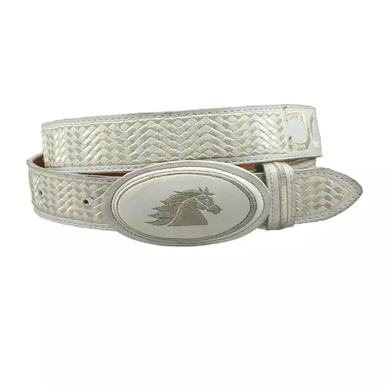 Men's Belt Embroidered White Horse Sz 40 Cinto Vaquero Blanco Caballo Bordado