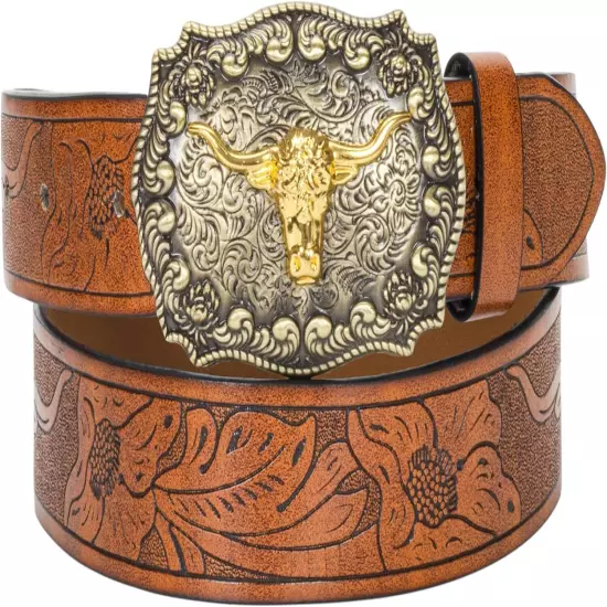 Western-PU-Leather-Belts for Men and Women Cowboy-Cowgirl Longhorn-Bull-Pattern-