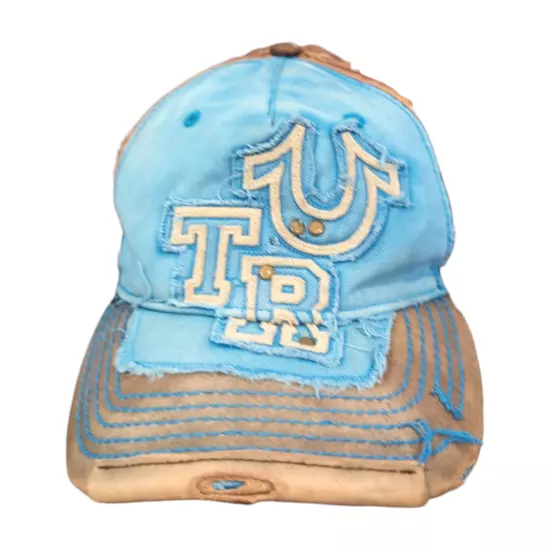 Rare TRUE RELIGION Horseshoe Baseball Cap Hat Distressed Vtg Blue Brown 