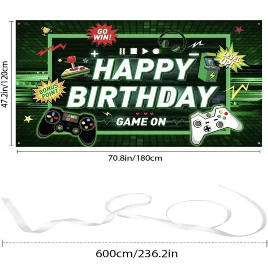 Video Game Happy Birthday Fabric Backdrop Game on Party, 42”X 70” Green/Black