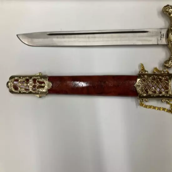 Long Brown Sheath Dagger with Blood Groove, Gold Vultures, and Red Tassle