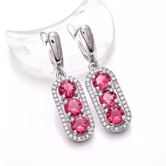 Pink Rubellite Tourmaline & CZ Gemstone 925 Sterling Silver Earring 1.50" E76124