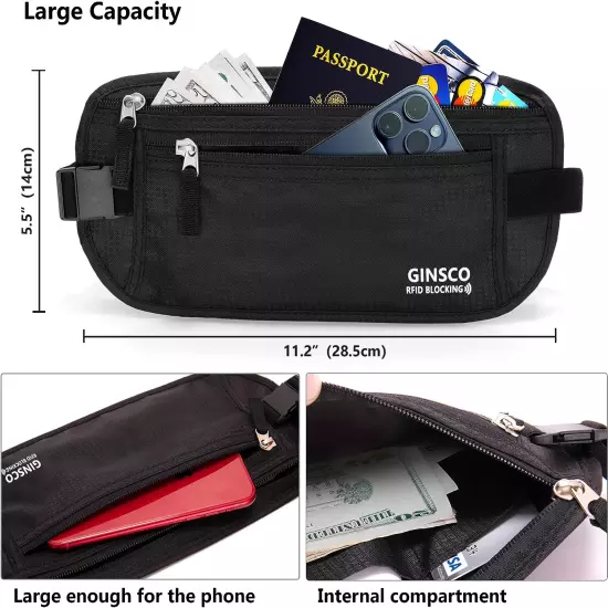 Black Hidden Money Belt For Travel Shopping RFID Blocking Passport Holder 11"