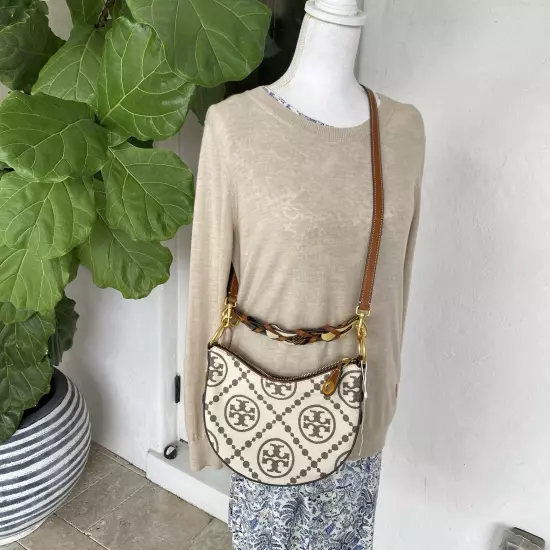 Tory Burch Ivory T Monogram Small Crescent Bag Shoulder Purse Crossbody $598