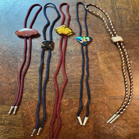 VTG Bolo Tie Slide Lot of 5 Braided Leather Tortoiseshell Hand Carved Ship Cords