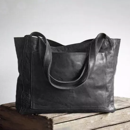 Soft Leather Tote Shoulder Bag, Waxed Leather Large Capacity Vintage Handbag Bag