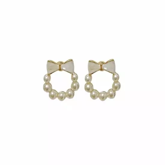 New 18k Gold Plated White Bow Pearl Stud Earrings Womens Jewellery No Piercing