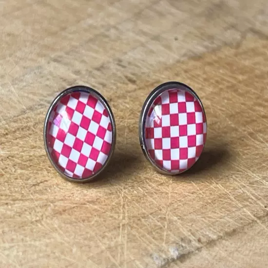 Pink Skater Punk Checkered Race Flag Stud Earrings Jewelry Accessories