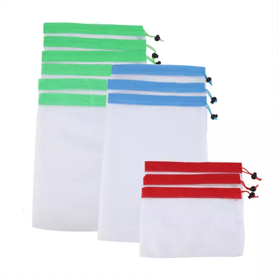 12Pcs Reusable Drawstring Mesh Bags Fruit Vegetable Sacks Storage Shopping