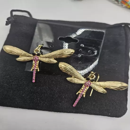 JTV Off Park Collection New Dragonfly Earrings PINK RHINESTONE Dangle gold Tone