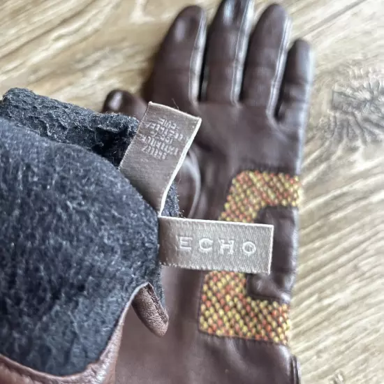 Echo Brown Leather Women Gloves Size Large Polyester Lining Winter Driving Warm