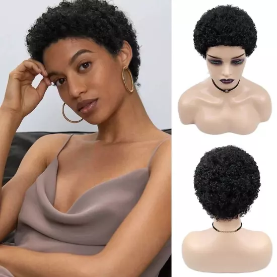 Short Black Afro Curly Human Hair For Women Machine Made None Lace Full Wig Sexy