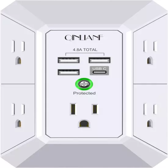 Wall Charger, Surge Protector, QINLIANF 5 Outlet Extender with 4 USB Charging