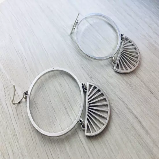 Art Deco Large Hoop Earrings For Women Silver Tone Dangle Drop