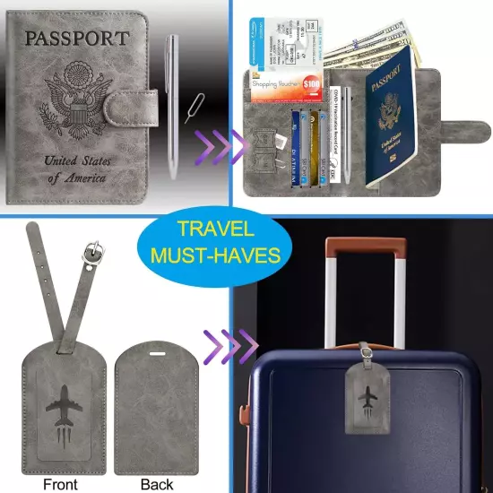 Passport Holder with Luggage Tag Cover Wallet RFID Blocking Leather Case Travel 