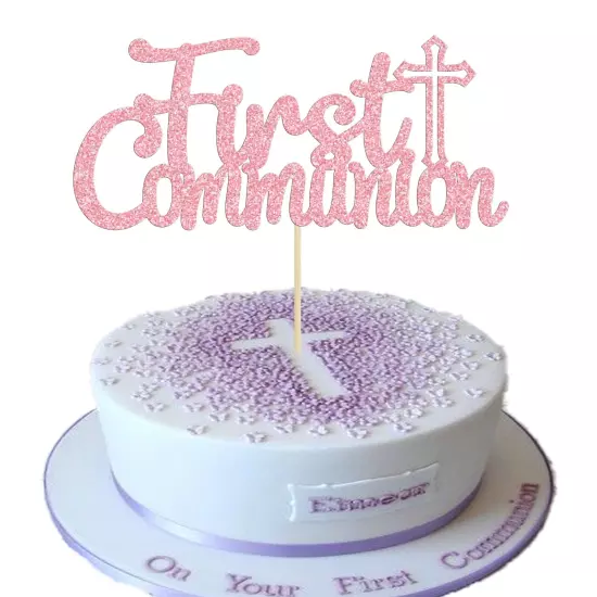 Gyufise 1Pcs Pink Glitter First Communion Cake Topper First Communion Cake De...