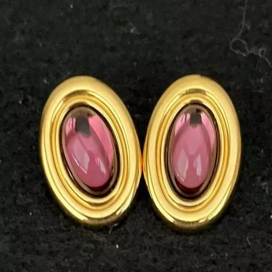 E10 Oval Gold Plated Pierced Earrings with Purple Glass Centers