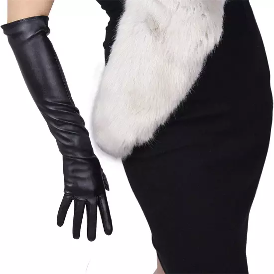 Women'S TECH LONG GLOVES Faux Lambskin Leather Soft Black Touchscreen Sensitive