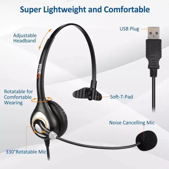 USB Headset with Microphone Noise Cancelling & Audio Controls, Computer.