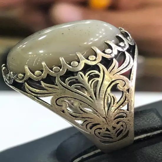 Royal Men Ring 925 Silver Yemen Agate Aqeeq خاتم عقيق يمني ابيض