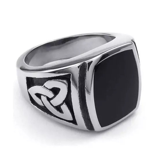 Black Enamel Vintage Celtic Knot Signet Ring Stainless Steel Men's Biker Ring