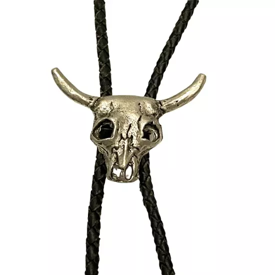 VTG Bull Skull Cow Silvertone Bolo Tie Braided Leather Cord Western Cowboy