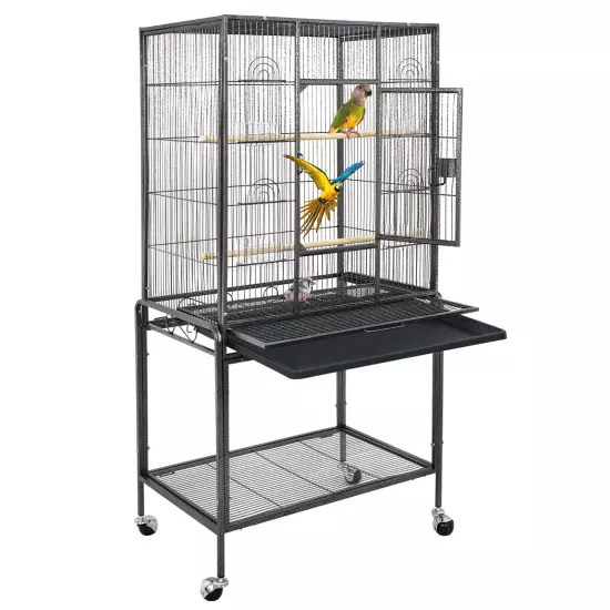 53" Parakeet Bird Cage Parrot Flight Cage Wrought Iron Rolling Stand White/Black