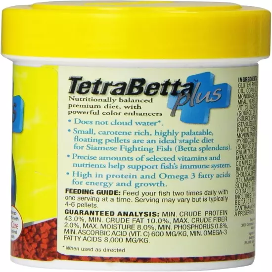 TetraBetta PLUS Floating Mini Pellets, Fish Food With Natural Color Enhancer, 1.