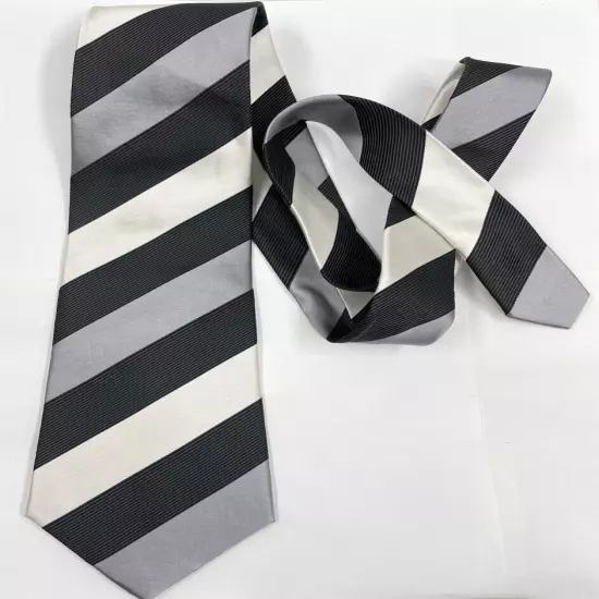 Geoffrey Beene Silver Black White Striped Regimental Repp Silk Tie 3.8" x 59"