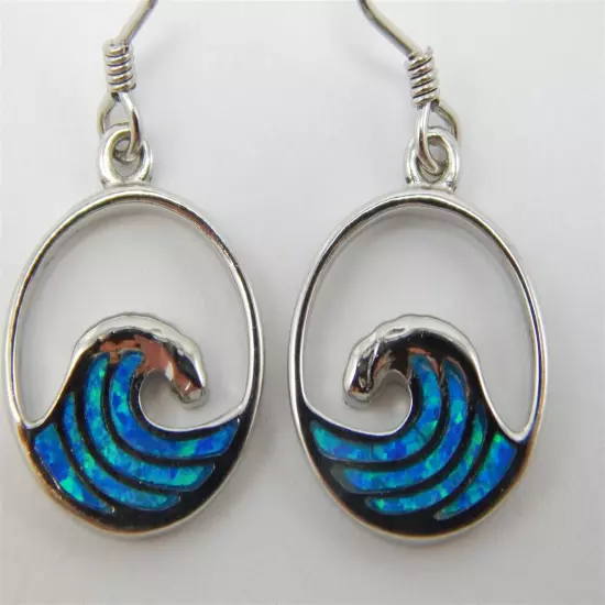 OPAL OCEAN WAVE DANGLE ROUND STERLING SILVER EARRINGS LIGHT WEIGHT