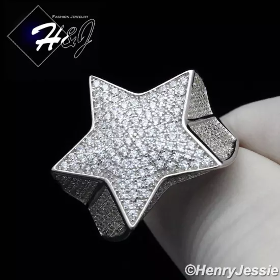 MEN SOLID 925 STERLING SILVER ICY BLING CUBIC ZIRCONIA HIPHOP 3D STAR RING*SR107