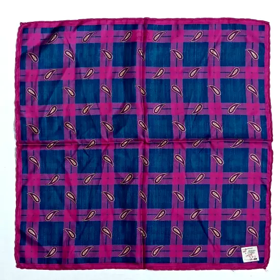 Ferrell Reed Silk Pocket Square Men's Pink Blue Plaid 16.5" Rolled Hems Italy